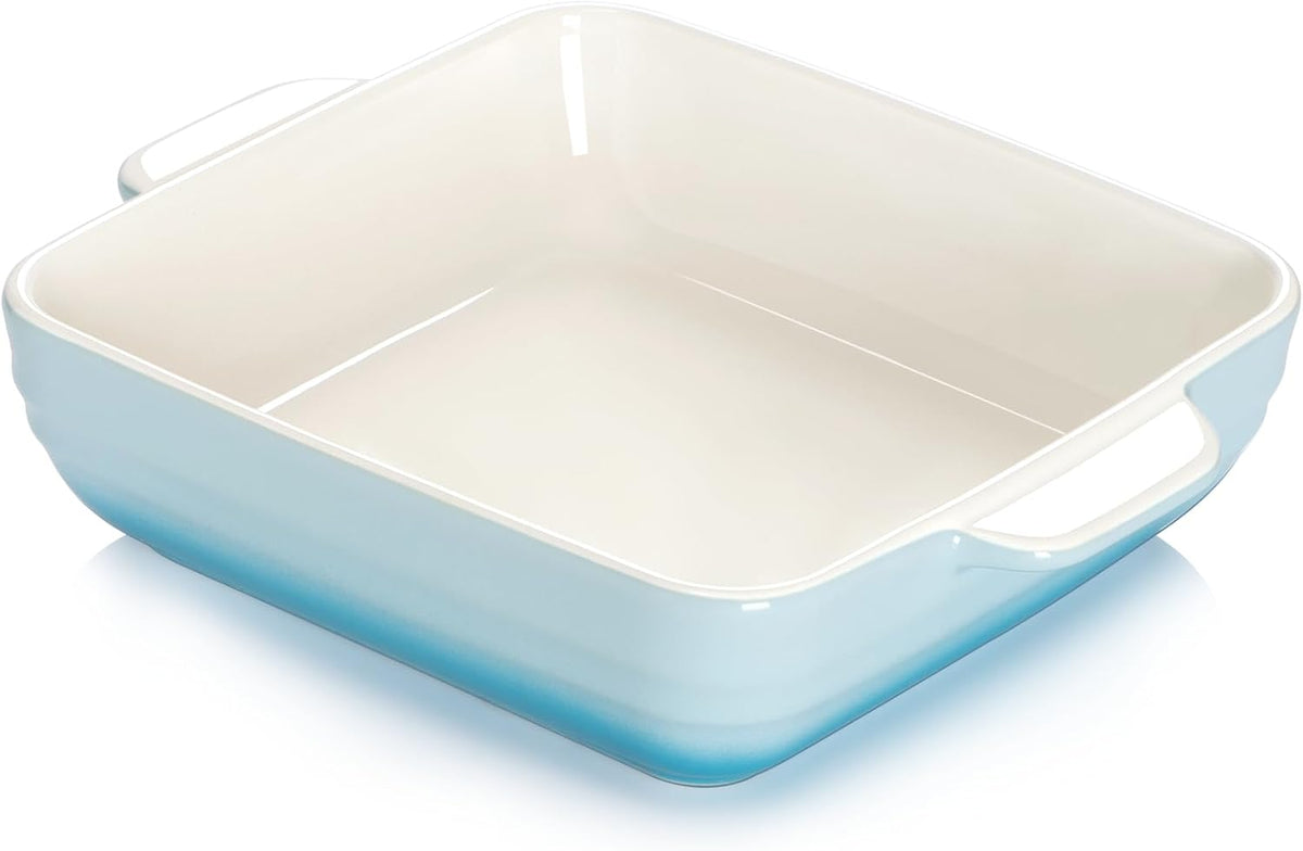 NUTRIUPS 8x8x2.4 inch Square Baking Dish, 50 Oz /1.6 Qt Ceramic Baking Pan with Handles, Casserole Dish for Oven, Porcelain Bakeware (Gradient Blue)