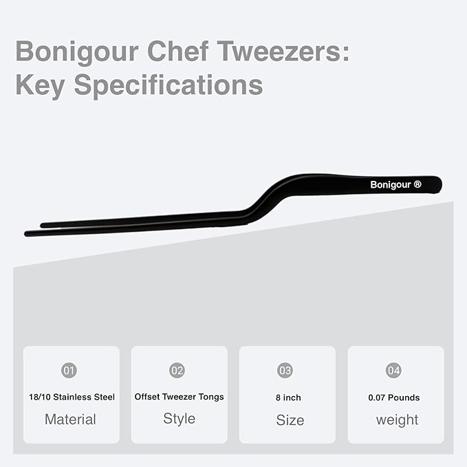 8 Inch Precision Offset Tweezers, Kitchen Culinary Stainless Steel Tongs, Curved Kitchen Cooking Multi-function Chef Precision Tweezer Tongs for Plating, Food Decorating and ect (Black)