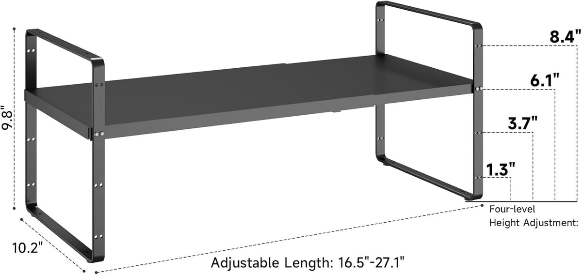 16.5~27.1" Expandable Shelf Organizer, 2Pack 10.2" Wide Stackable Cabinet Shelf Organizers, Black Metal Sturdy Kitchen Counter Storage for Countertop, Adjustable Height Spice Rack