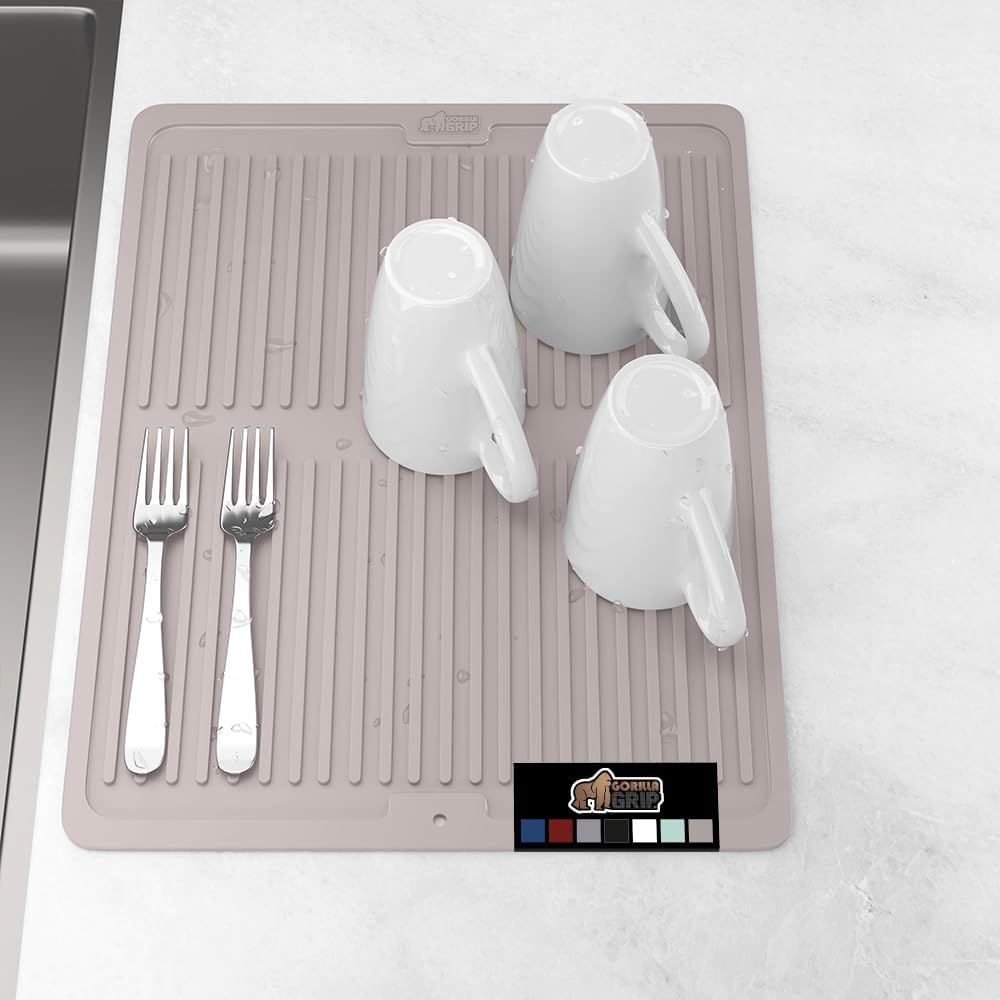 GORILLA GRIP 100% BPA-Free Patented Silicone Dish Drying Mat for Kitchen Counter, Water Catching Ribbed Design, Easy Clean Waterproof Sink Liner, Heat Resistant, Fits Under Rack, 16x12 Inch, Almond