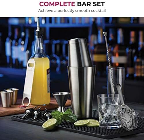 Cocktail Shakers Set, 14 Piece Stainless Steel Bar Tools Kit with Shaking Tins, Flat Bottle Opener, Double Bar Jigger, Hawthorne Strainer, Shot Glasses, Bar Spoon, and 6 Pour Spouts.