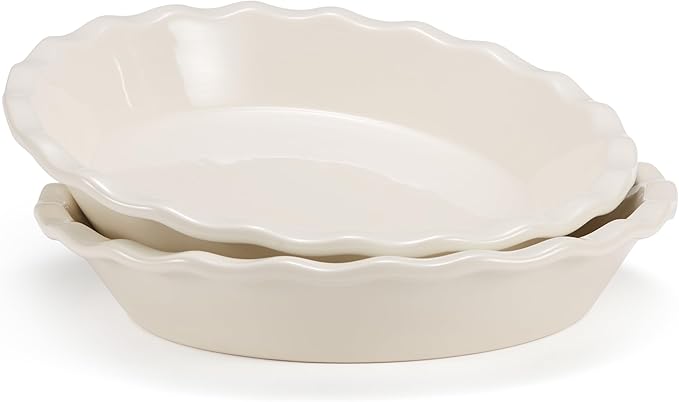 KooK Pie Pan, Ceramic Reusable Round Pie Dish, Quiche Baking Dish, Deep, Wave Edge, For Cakes, Tart, Casseroles, Tarts, Microwave, Oven and Dishwasher Safe, 9-Inch, 36 oz, Set of 2, Ivory