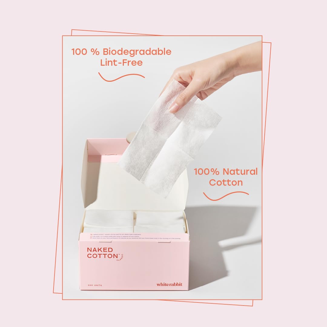 White Rabbit – Naked Cotton Classic – Premium 100% Cotton Pads for Toner Use, Makeup Remover, and Masks | Unbleached, Lint-Free, Extra Soft | Korean Skin Care Product (200 Count)