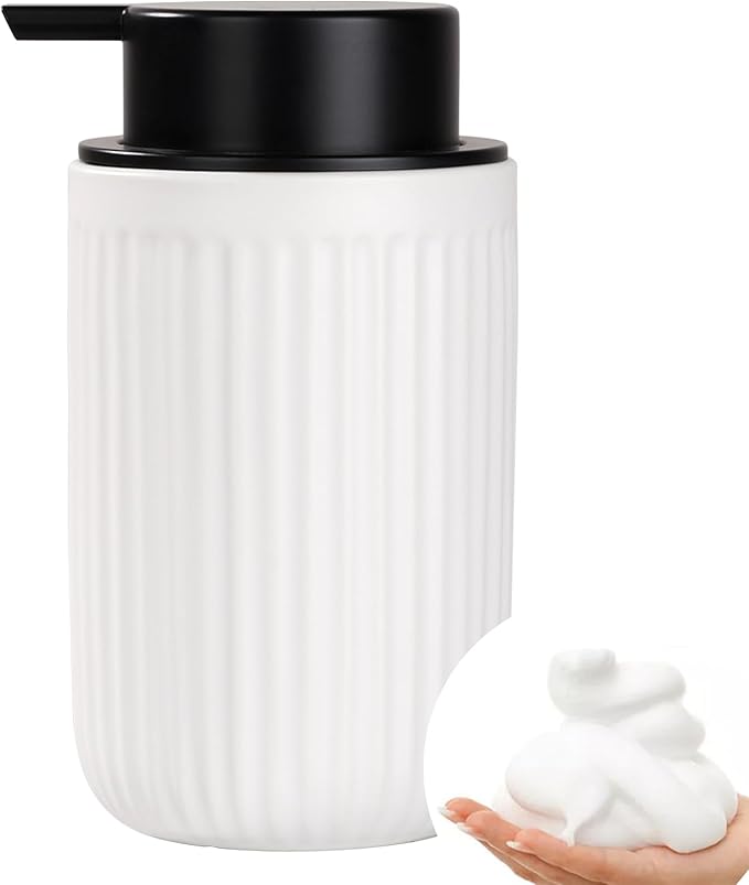 BosilunLife Foam Hand Soap Dispenser - White Ceramic Foaming Soap Dispenser for Bathroom 12oz Refillable Liquid Lotion Soap Dispenser with Rust-Proof foaming Pump for Countertop
