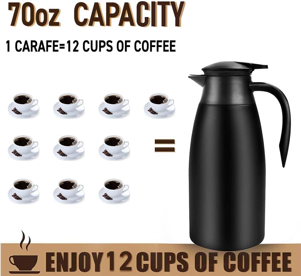 2pcs 70oz Coffee Carafe Airpot Insulated Coffee Urn Stainless Steel Vacuum Thermal Pot Dispenser for Coffee, Hot Water, Tea, Hot Beverage - Keep 12 Hours Hot, 24 Hours Cold (Black)