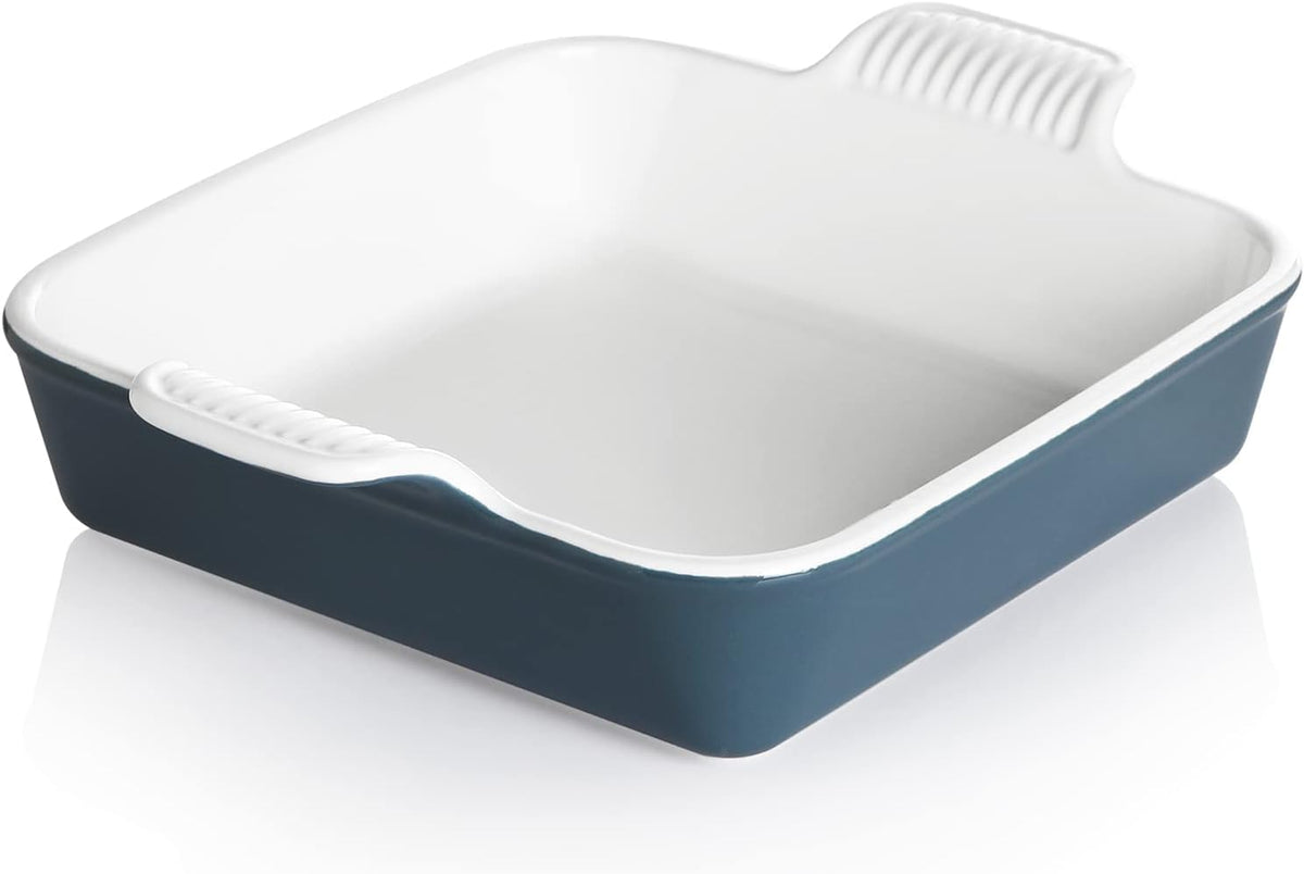 Sweejar Ceramic Baking Dish, 9 x 9 Cake Baking Pan for Brownie, Porcelain Square Bakeware with Double Handle for Casserole, Lasagna, Family Dinner (Fog Blue)