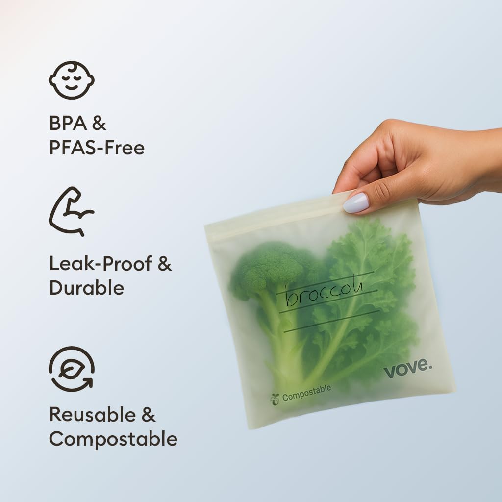Vove Compostable Sandwich Bags, Medium 30 Count – Freezer Safe, Leak Proof, Non Toxic, Writable Surface for School Lunches & Meal Prep, Eco-Friendly