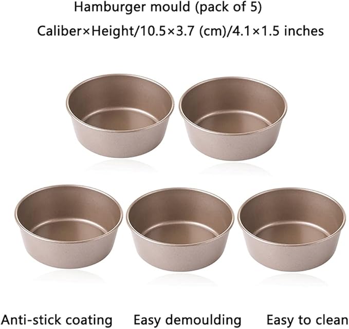 Round Metal Baking Mold,set Fixed Bottom Non Stick Cake Baking Supplies,for Egg Tart Hamburger Bun Oven Kitchen Bakery Molds (Color : Gold, Size : 5 pieces4.1×1.5inch)