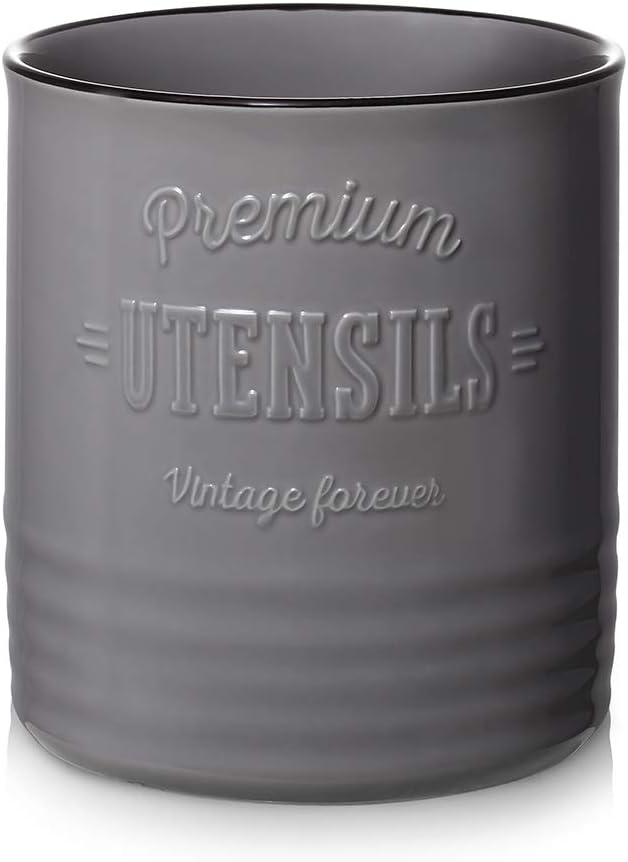 DOWAN 7.2″ Extra Large Kitchen Utensil Holder - Farmhouse Utensil Holder for Countertop - Ceramic Utensil Crock with Protection Cork Mat - Kitchen Decor & Housewarming Gift (Grey)