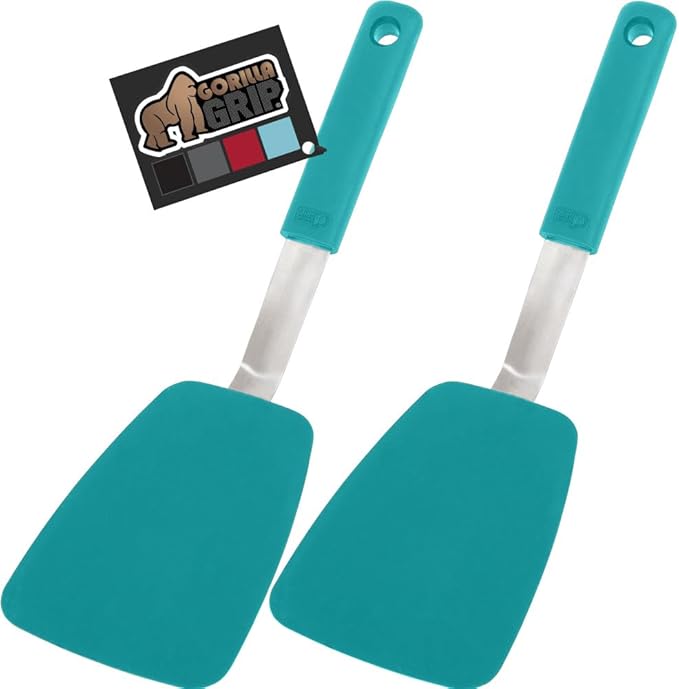 GORILLA GRIP Patented BPA-Free Non-Scratch Spatula, 2 Pack, Heat Resistant Flexible Silicone Head for Nonstick Cooking Pans, Soft Rubber Handle, Kitchen Spatulas for Flipping Eggs, Pancakes, Turquoise