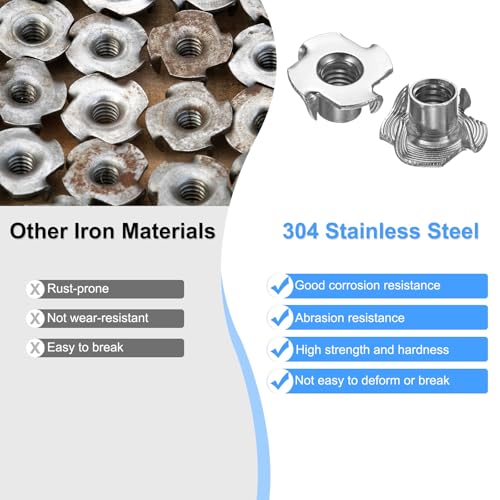 M METERXITY 10-Pack 5/16-UNC T-nut, 3/8" Barrel Length Stainless Steel 4-Pronged Tee Nut Threaded Insert for Wood/Rock Climbing Holds/Furniture, Corrosion Resistant Fasteners - size: 5/16-UNC