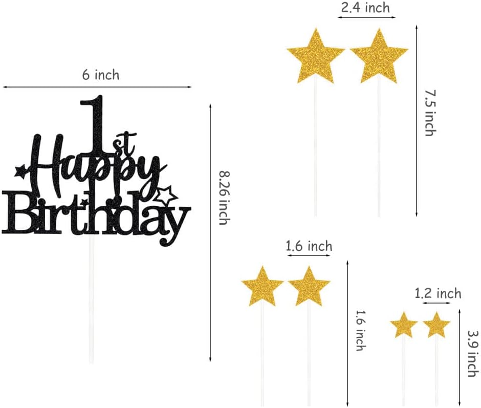 Glittery 1st Happy Birthday Cake Topper with Star,Personalised 1 Birthday Cake Toppers Party Decorations Party Supplies for Baby Boys Girls Black Gold
