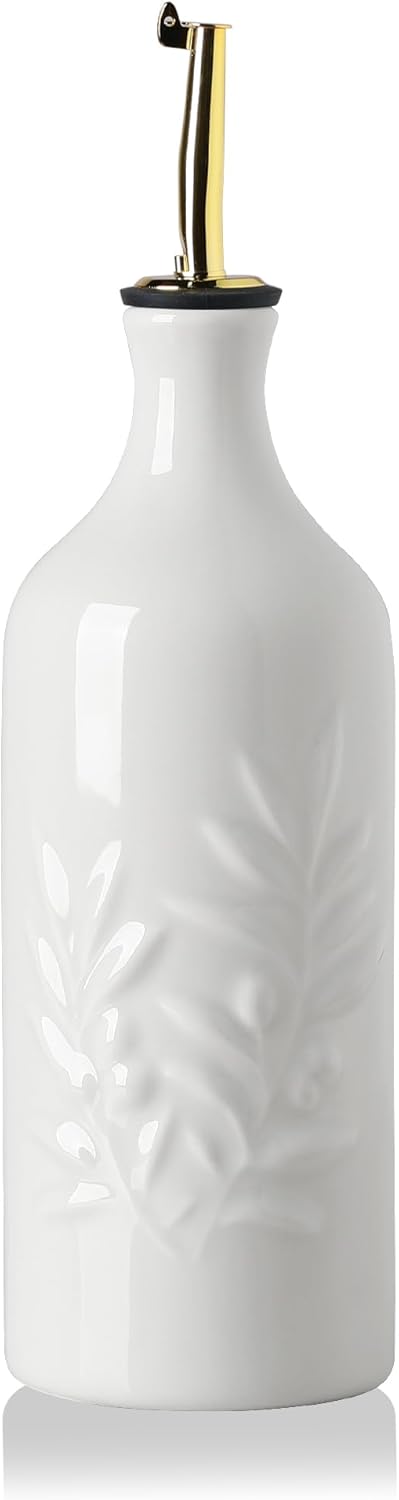 Sweejar Ceramic Olive Oil Dispenser Bottle 20 Oz Relief Opaque Oil Cruet Protects To Reduce Oxidation Suitable for Storage Vinegar, Soy Sauce, Coffee Syrup, Liquids, Set of 1 (White Gold Spout)