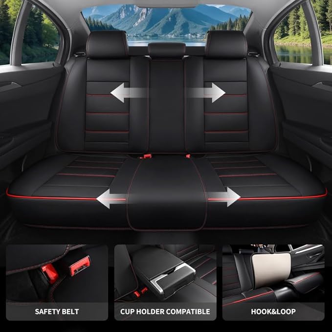 Car Seat Covers Full Set Custom Fit for Ford Taurus 1999-2018-Luxury Leather with Lumbar Support, Breathable, Waterproof, Anti-Slip, Durable, Easy to Install (Black&Red,Full Set)