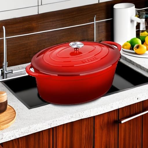 Velaze 7.5 QT Enameled Oval Dutch Oven Pot with Lid, Cast Iron Dutch Oven with Dual Handles for Bread Baking, Cooking, Frying, Non-stick Enamel Coated Cookware (RED)