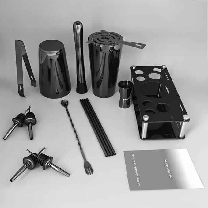 Professional Cocktail Shaker Set with Stand Cocktail Recipes, 15-Piece 750/600ml Bartender Kit, Bar Sets Bartending Kit Bar Tool Set 25/20oz Boston Shakers, Jigger, Muddler (Black)