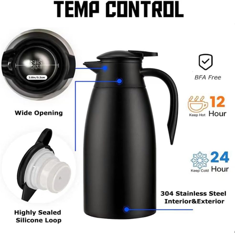 70 Oz Insulated Thermal Coffee Carafe Stainless Steel Double Walled Vacuum Coffee Thermos, Hot Water, Tea, Hot Beverage Dispenser, Keep 24 Hour Heat Retention/12 Hour Cold Retention (Black, 2L)