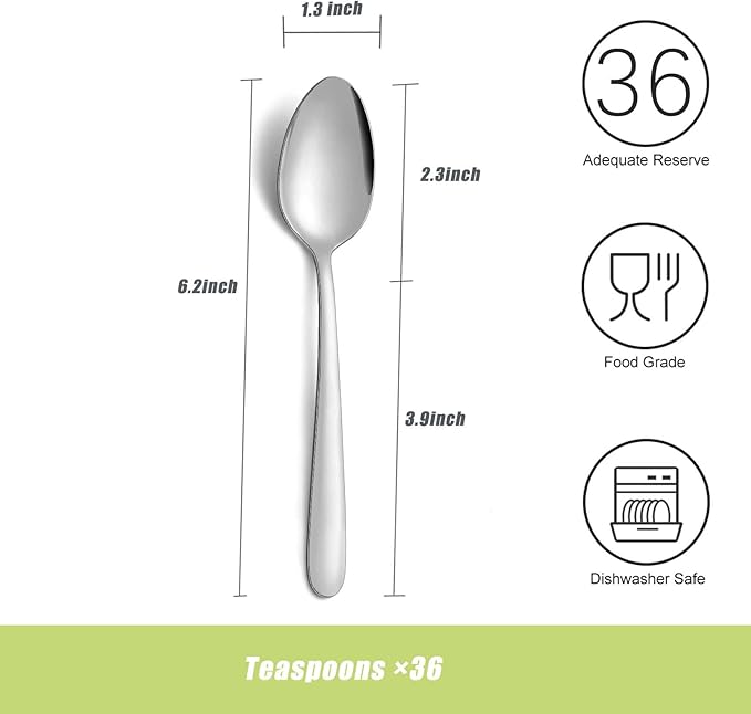 36 Pieces Teaspoons Set, 6.2 Inches Stainless Steel Teaspoons Silverware, Small Spoons, Mirror Polished & Dishwasher Safe, Tea Spoons Suitable for Home, Kitchen and Restaurant