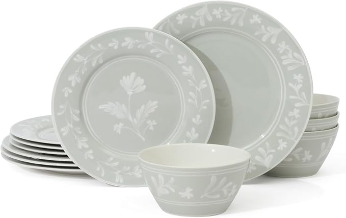 Martha Stewart Maiden Crown 12-Piece Sage Green Dinnerware Set – Vegan Bone China Ceramic Plates & Bowls – Floral Design – Service for 4 – Microwave & Dishwasher Safe