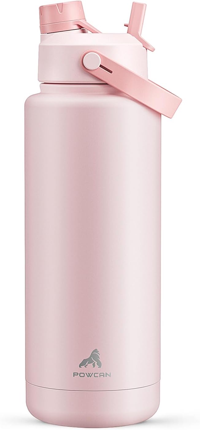 POWCAN 40 oz Insulated Water Bottle with 2-in-1 Straw and Spout Lid, Keep Cold 24H, Leak-Proof, BPA-Free, Double Wall Stainless Steel Water Bottle for Sports, Gym, Travel, and School (Cotton Candy)