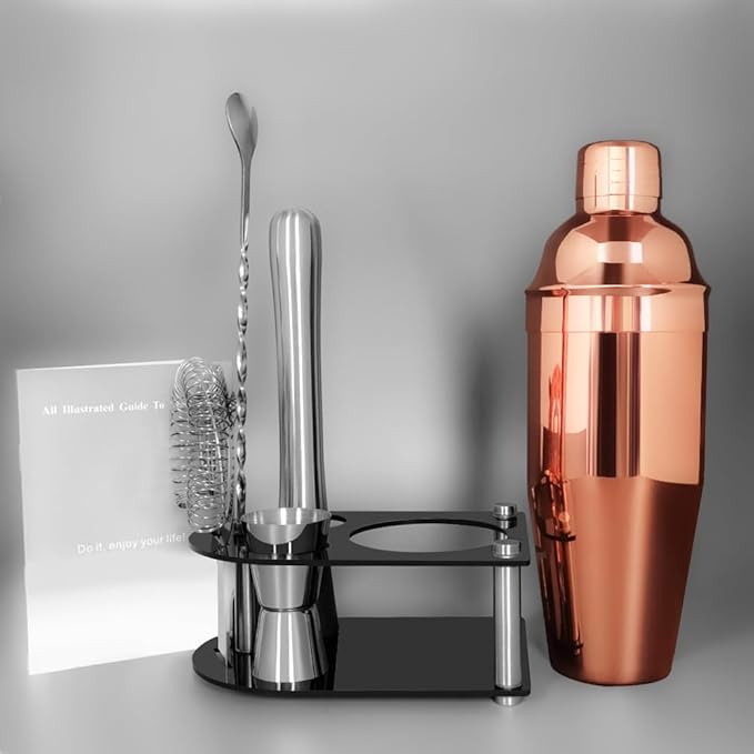 Cocktail Shaker Bartender Kit: 5 Piece Bar Tool Set, Cocktail Shaker Set with Stand, Drink Mixing Includes Martini Shaker,Strainer,Jigger,Bar Mixer Spoon,Muddler ﻿ (Rose Gold, 750ml(25oz))