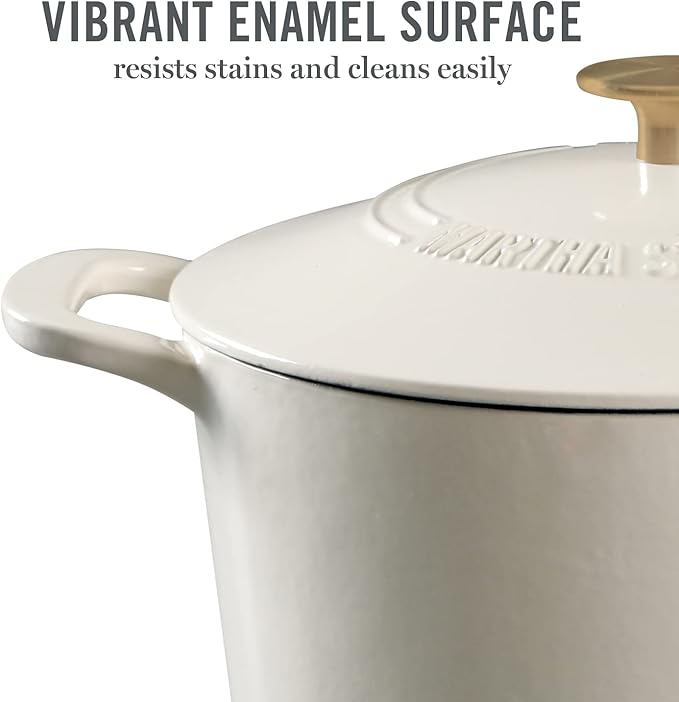 MARTHA STEWART Gatwick 7-Quart Enamel Cast Iron Dutch Oven – Linen White With Gold – Heavy-Duty Dutch Oven for Slow Cooking, Braising & Baking