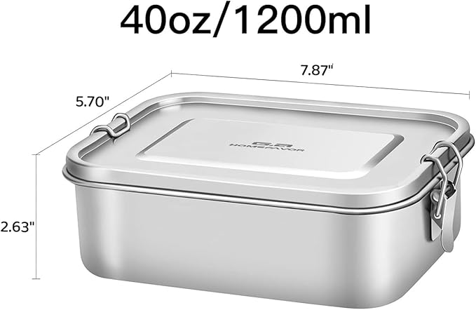 G.a HOMEFAVOR Stainless Steel Bento Lunch Box - Leak-Proof Metal Bento Box, Large Food Container with Lock Clips, Snack Container, Dishwasher Safe, 2 Compartments, 1200 ml/40 oz
