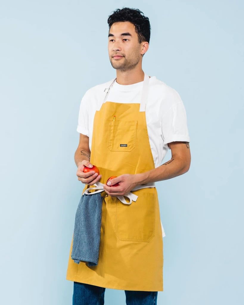 Caldo Daily Cotton Kitchen Apron for Cooking- Mens and Womens Professional Chef or Server Bib Apron - Adjustable Straps with Pockets and Towel Loop (Mustard)