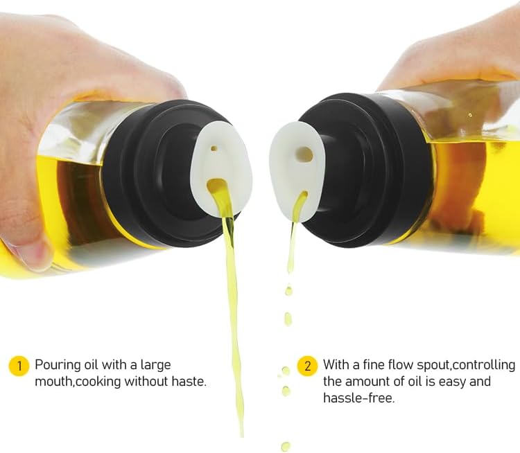 Small Glass Olive Oil and Vinegar Dispenser Bottles Set for Kitchen Cooking with Silicone Dual Pouring Spout, Soy Sauce Dispenser with Dust-proof Lid - Set of 2 (Black, 8 oz)