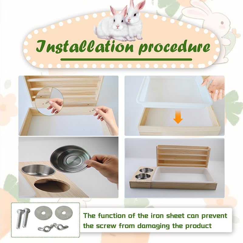 MUYG Rabbit Hay Feeder with Litter Box, 3 in 1 Wooden Bunny Feeder, Small Animal Hay Holder Rack for Rabbit, Guinea Pig, Hamster, Ferrets