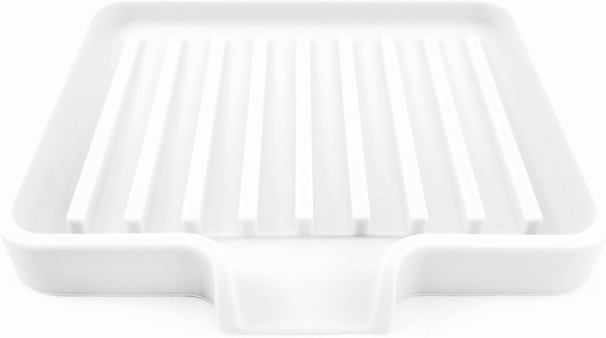 Happitasa Silicone Soap Dish Tray and Sponge Holder with Drain Chute, Pack of 2 | Bathroom and Kitchen Sink Organizer Caddy (White, 5.2"x4", 7.2 Ounces)