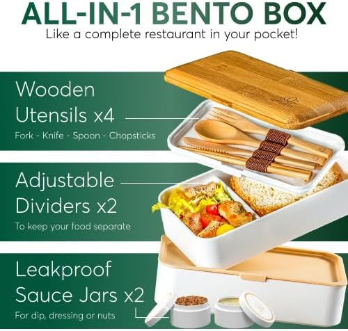 Umami Bento Box Adult All-In-1 w/4 Utensils, 2Sauce Jars, 2 Dividers, 100% Leakproof, Microwave & Dishwasher Safe, Stackable Bento Lunch Box Containers for Men/Women, White Bamboo, 40 oz