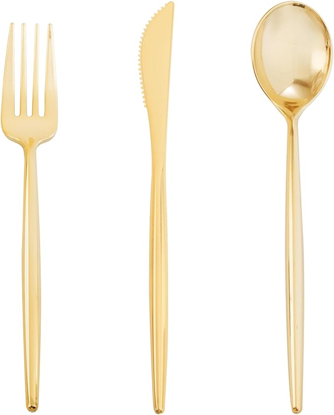 Supernal 180PCS Gold Plastic Silverware Gold Silverware Disposable Cutlery Plastic Utensils Heavy Duty Disposable Utensils Includes: 60 Knives, 60 Forks and 60 Spoons for Party, Birthday, Wedding