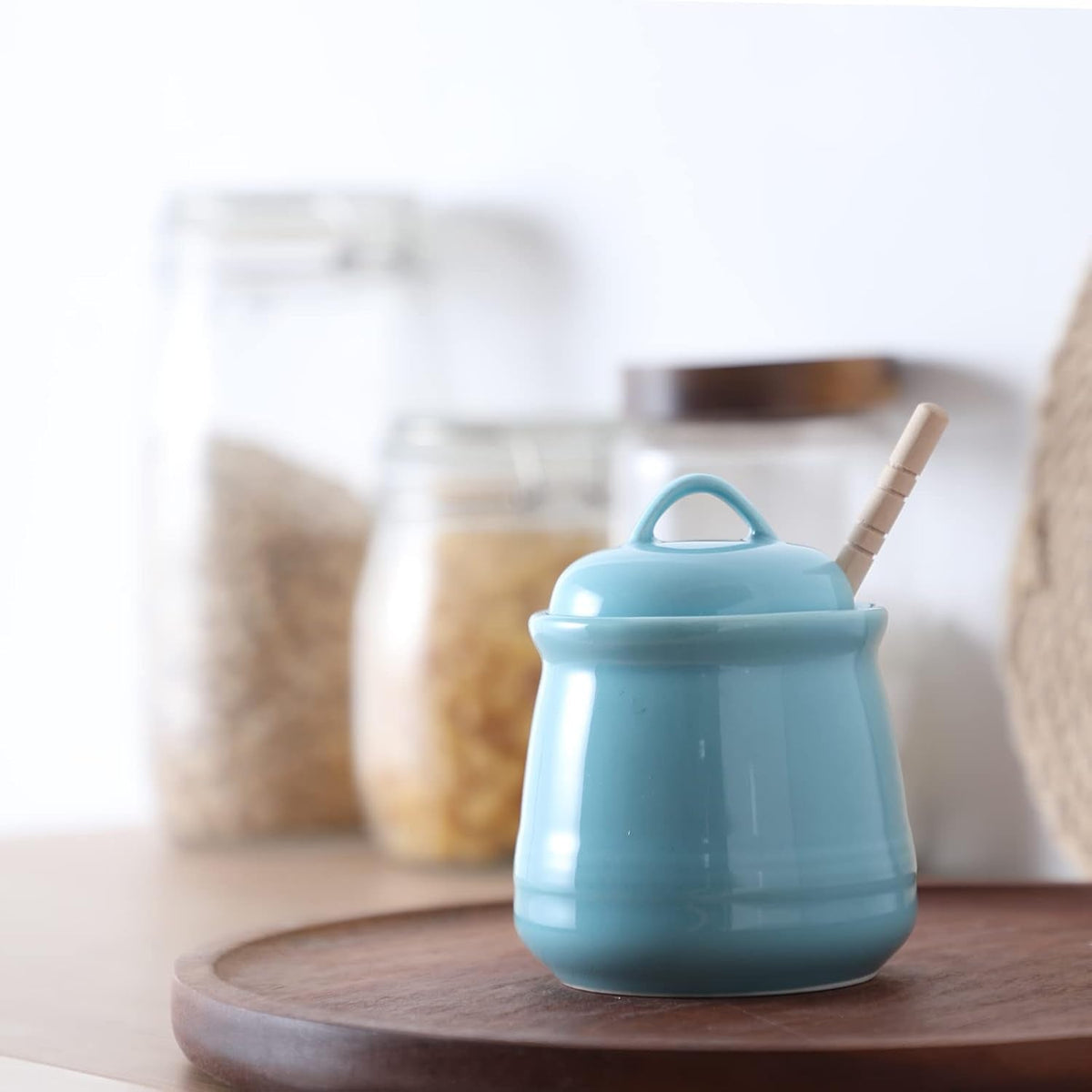 HAOTOP Ceramic Honey pot with Lid and Honey Dipper,Porcelain Honey Jar Easy to Clean and Dishwasher Safe,12oz (Blue)