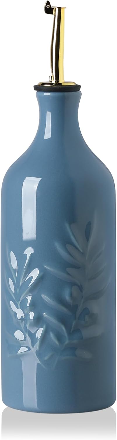 Sweejar Ceramic Olive Oil Dispenser Bottle 20 Oz Relief Opaque Oil Cruet Protects To Reduce Oxidation Suitable for Storage Vinegar, Soy Sauce, Coffee Syrup, Liquids, Set of 1 (Fogblue Gold Spout)