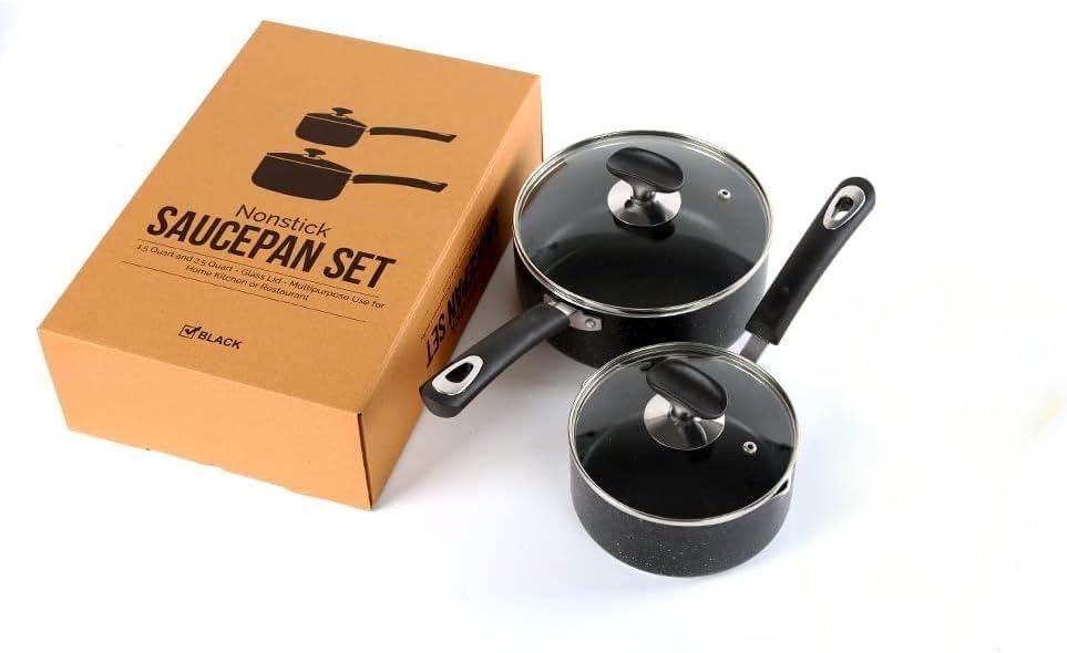 Nonstick Saucepan Set - 1.5 Quart and 2.5Quart,Ultra Non Stick Sauce Pan Small Pot with Glass Lid,Great for Home Kitchen Restaurant,Black