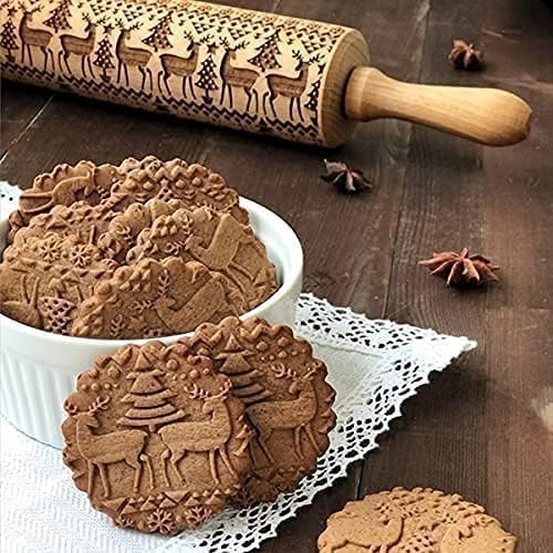 Christmas Wooden Rolling Pin for Baking,Engraved Embossing Rolling Pin Cookie Stamps Roller Square Grid Cookies Mold Kitchen Decor Tools for Kids Adults(Elk)