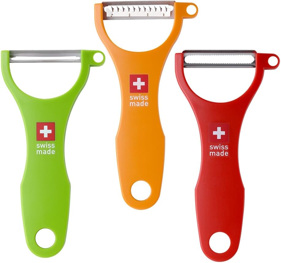 Swiss Peeler Vegetable & Potato Peelers for Kitchen, Original Swiss Made Ergonomic Kitchen Peelers for Effortless Prep - Pack of 3 (Green + Orange + Red)