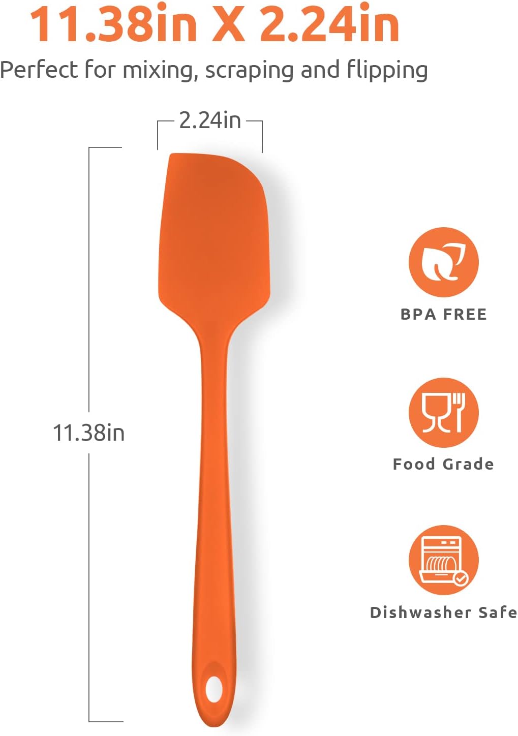Heat Resistant Silicone Large Spatula: U-Taste 600ºF High Heat Flexible 11.38in Silicon Mixing Stirring Cooking Scraping Baking Bowl Scraper Seamless Spreader for Kitchen Nonstick Cookware (Orange)
