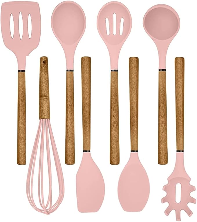 Country Kitchen Non Stick Silicone Utensil Set with Rounded Wood Handles for Cooking and Baking, 8 Piece Set, Pink