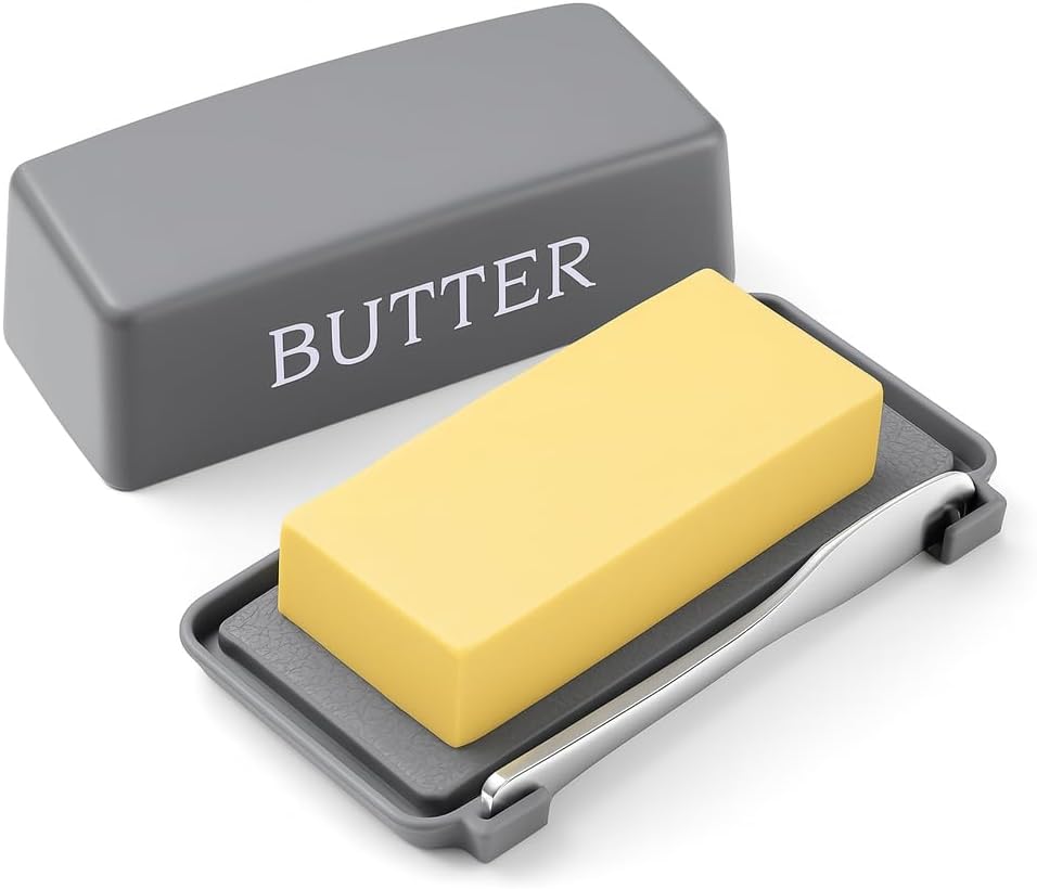 Butter Holder With Cover And Knife,Food Grade Plastic Butter Dishes With Lid And Spreader,Grey Cheese Storage Container For Countertop