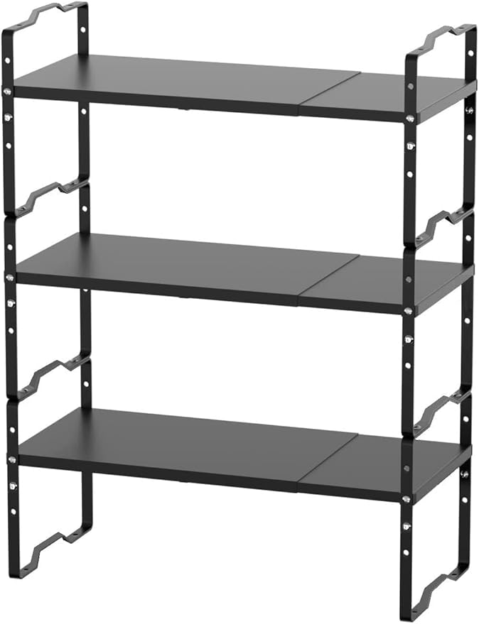 Expandable Shelf for Cabinet Organizer Adjustable and Stackable Spice Rack at Kitchen and Bathroom More, Counter Countertop Cupboard Organization Pantry Storage(LARGE/3PACKS/BLACK)