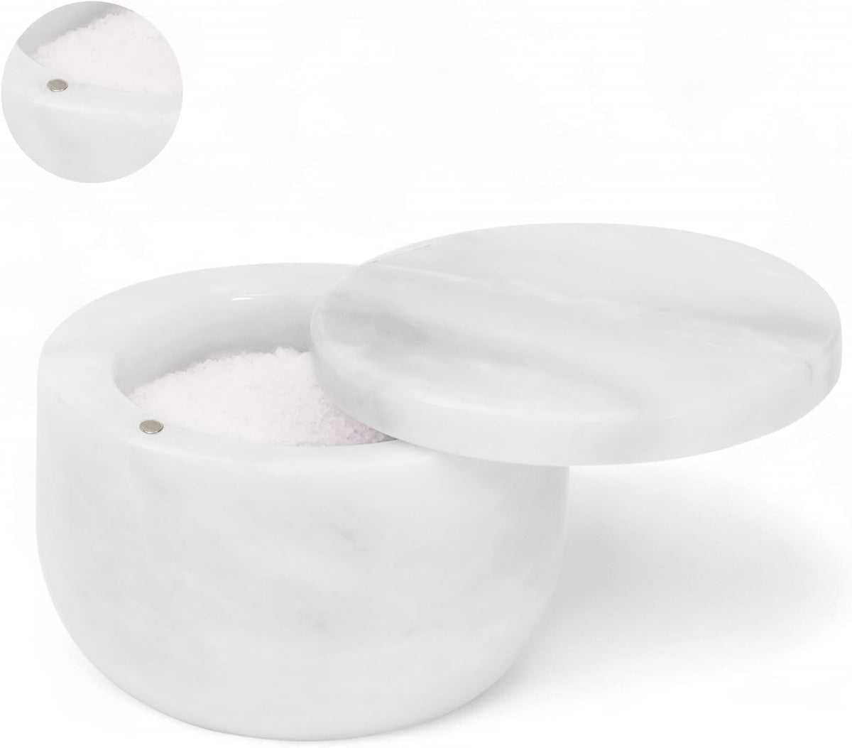Marble Salt Cellar With Lid 3" Inch Salt Holder - White Salt Container with Magnetic Lock for Kitchen Counter, Salt & Spice Storage, Seasoning Jars for Table