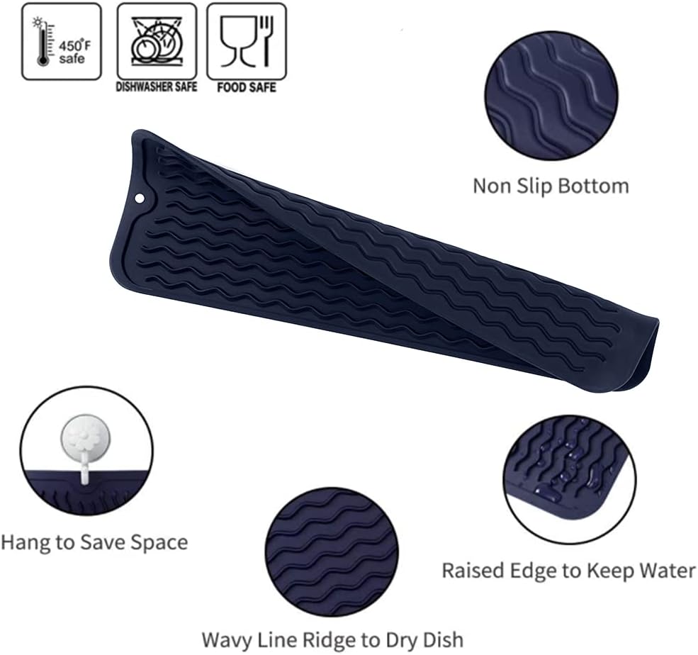 Silicone Dish Drying Mat for Multiple Usage,Easy clean,Eco-friendly,Heat-resistant Silicone Mat for Kitchen Counter,Sink,Bar,Bottle,or Cup Navy Blue M 17 inches x 6 inches