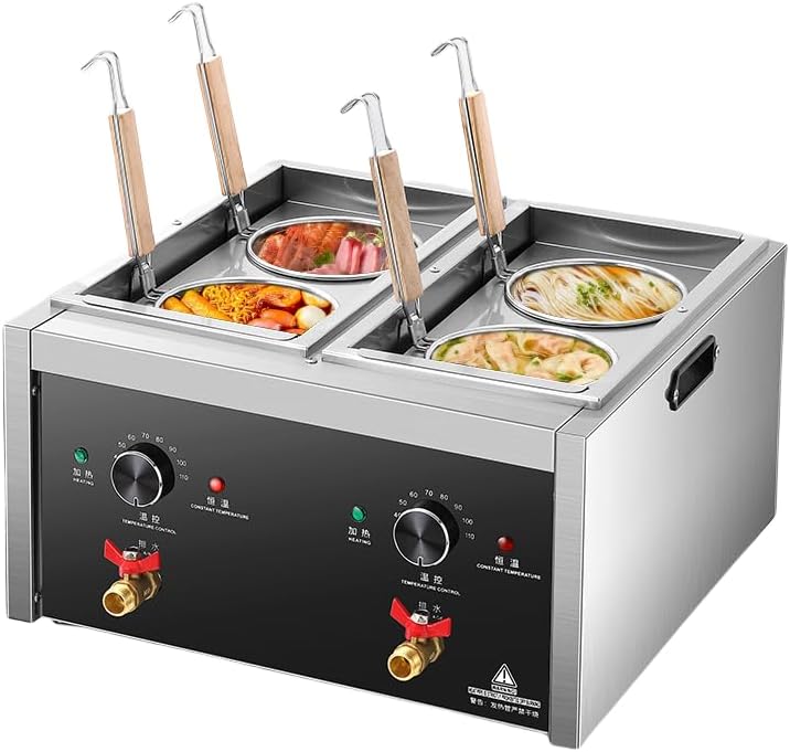 Commercial Pasta Cooker with drain valve 2 Independent Tank 4 Pasta Strainer Noodle Cooking Machine Pasta Makers Boiler Temperature Adjustable Boiler For Spaghetti Ramen 110V US plug