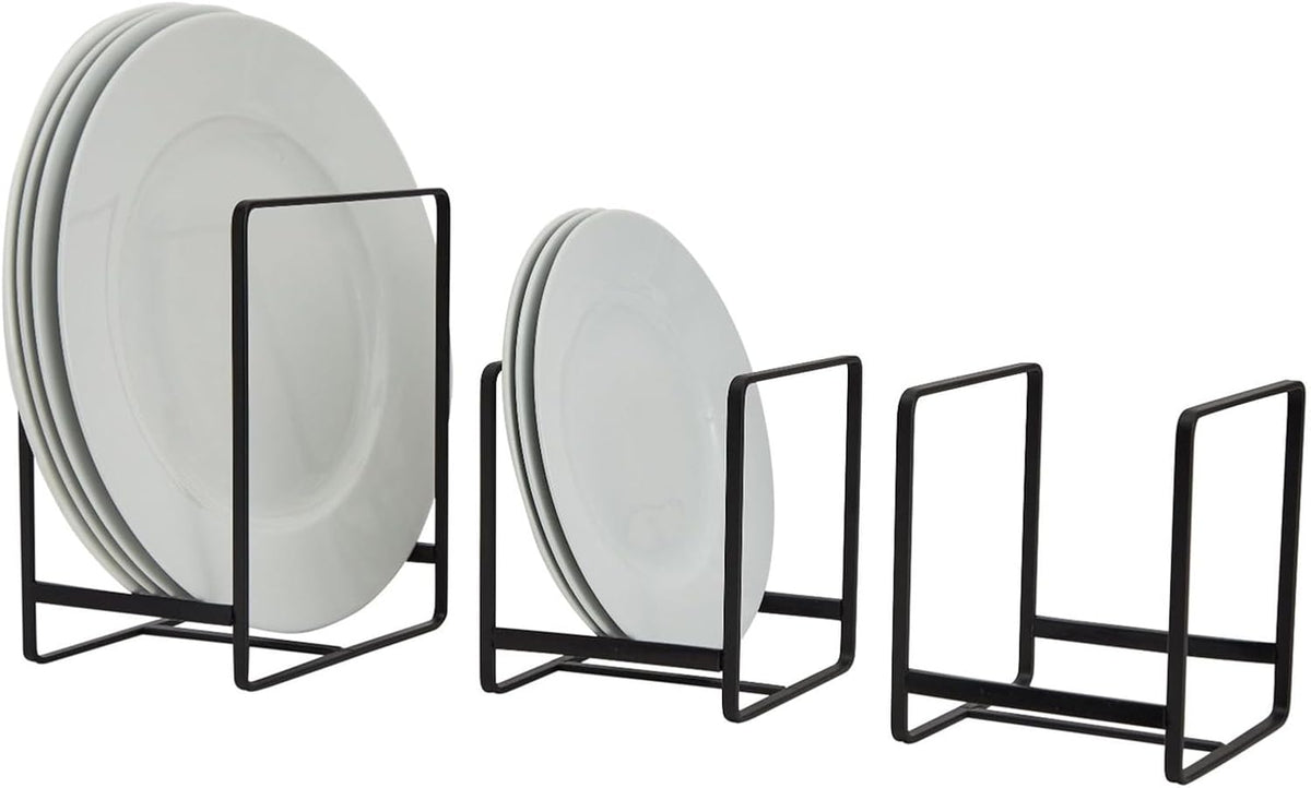 Juvale 3-Piece Kitchen Cabinet Organizer Shelf - Black Iron, 2 Sizes for 8" & 10" Plates - Cutting Board Organizer, Pot Lid & Paper Plate Holder
