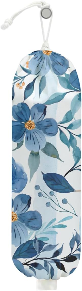 Watercolor Blue Flower Plastic Bag Holder, Wall Mount Grocery Bag Holder for Plastic Bags, Vibrant Floral Reusable Grocery Bags Storage Dispenser for Home Kitchen Decor, Flower Gifts for Women Mom