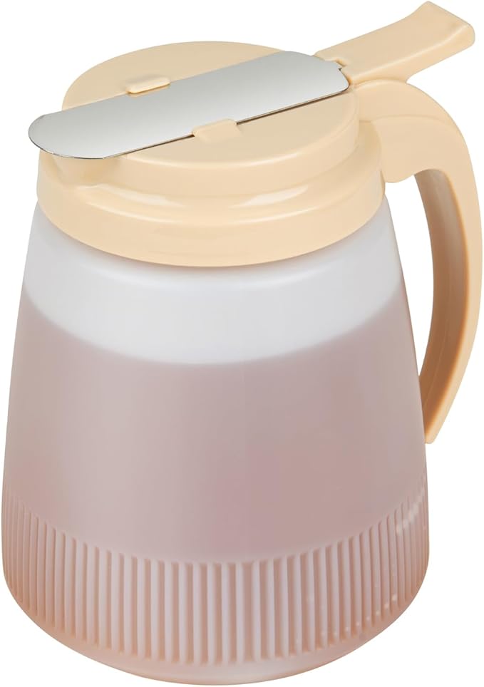 Restaurantware-Chef 101 32 Ounce All Purpose Syrup Dispenser, 1 Honey Dispenser - Beige Top, Stainless Steel Slide Cover, Plastic Pancake Syrup Bottle, Perfect For Diners, Restaurants, Home