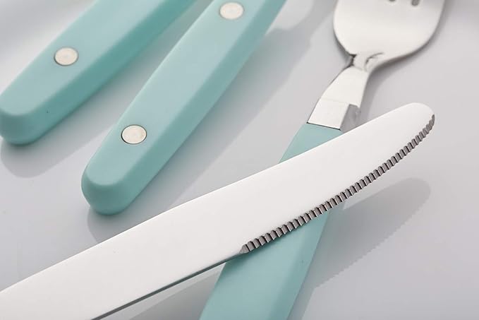 ANNOVA Silverware Set, Retro/Rivet Colorful Stainless Steel Tableware Kitchen Flatware Set Utensils, Includes Dinner Knives, Forks, Spoons & Dessert Spoons (Turquoise, 24 Pieces)
