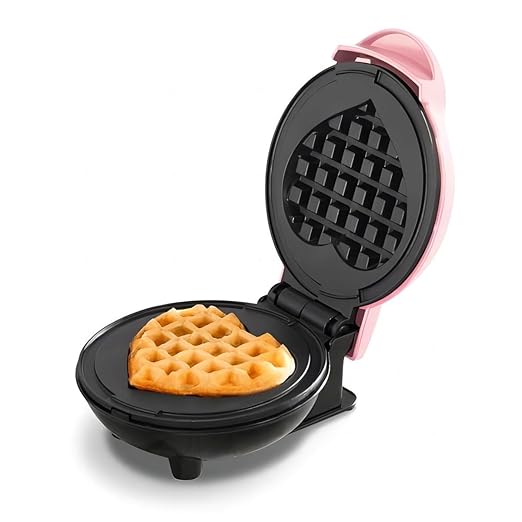 Mini Maker Waffle Maker 5“ Non-Stick Waffler Iron Stuffler Stuffed Wafflera Adjustable Browning Control, Heart, Pink